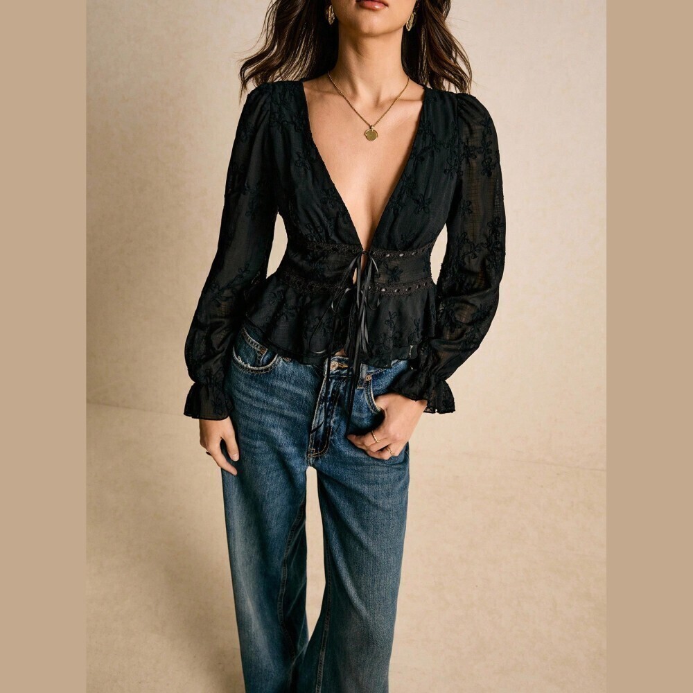 Black Embroidered Semi-sheer Deep V Neck Tie Front Peplum Blouse - Picture 5 of 8